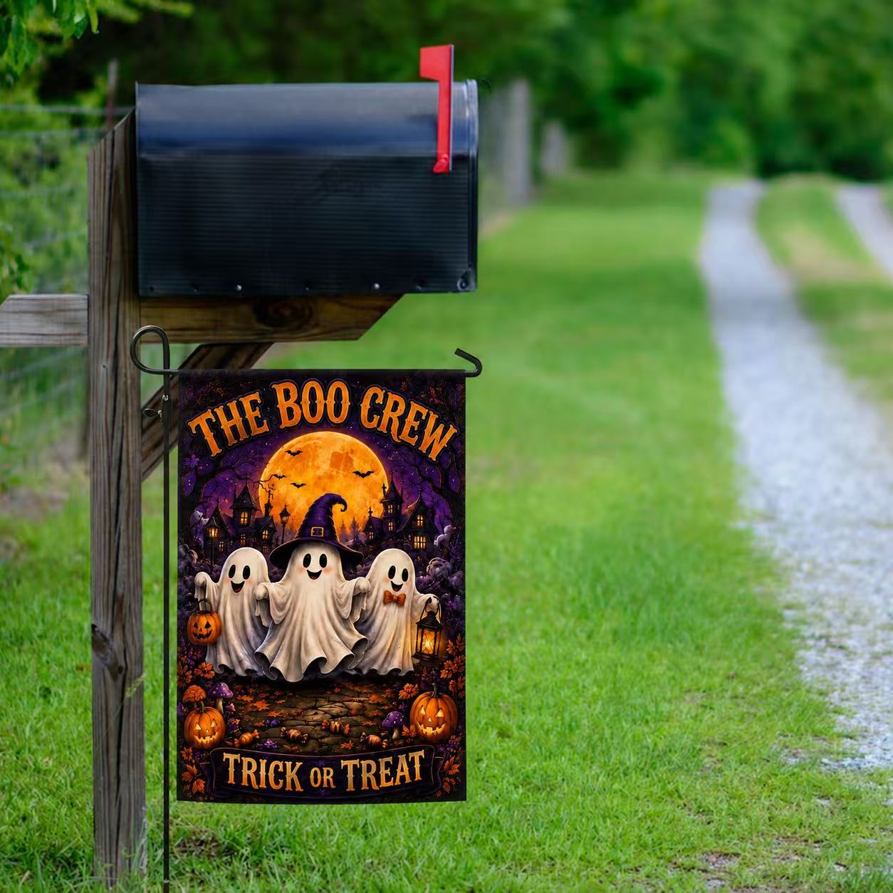 The Boo Crew Cute Ghosts Trick or Treat Halloween Garden Flag