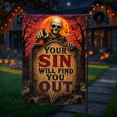 Your Sin Will Find You Out Spooky Skeleton Halloween Garden Flag