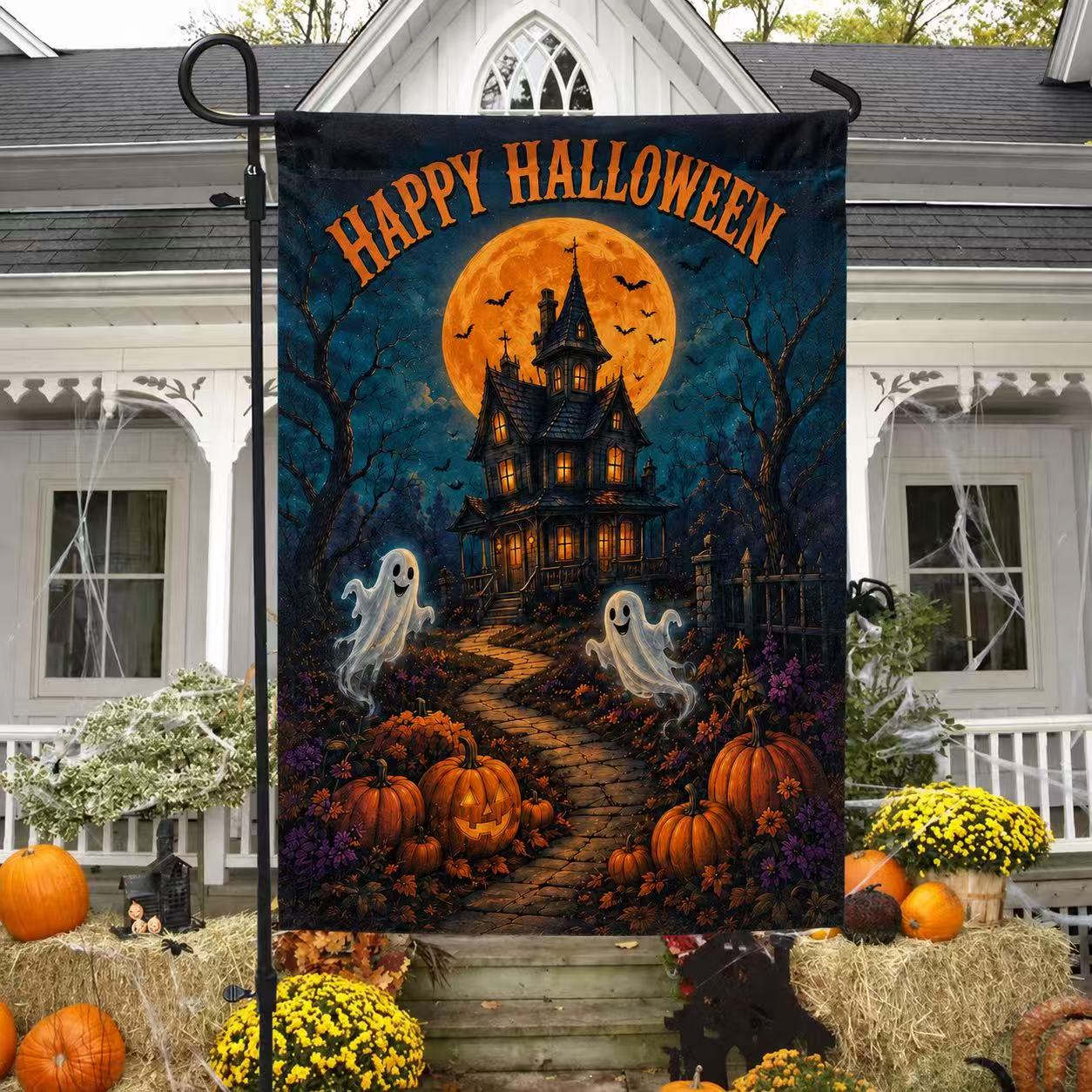 Happy Halloween Ghosts Haunted House Pumpkin Full Moon Garden Flag