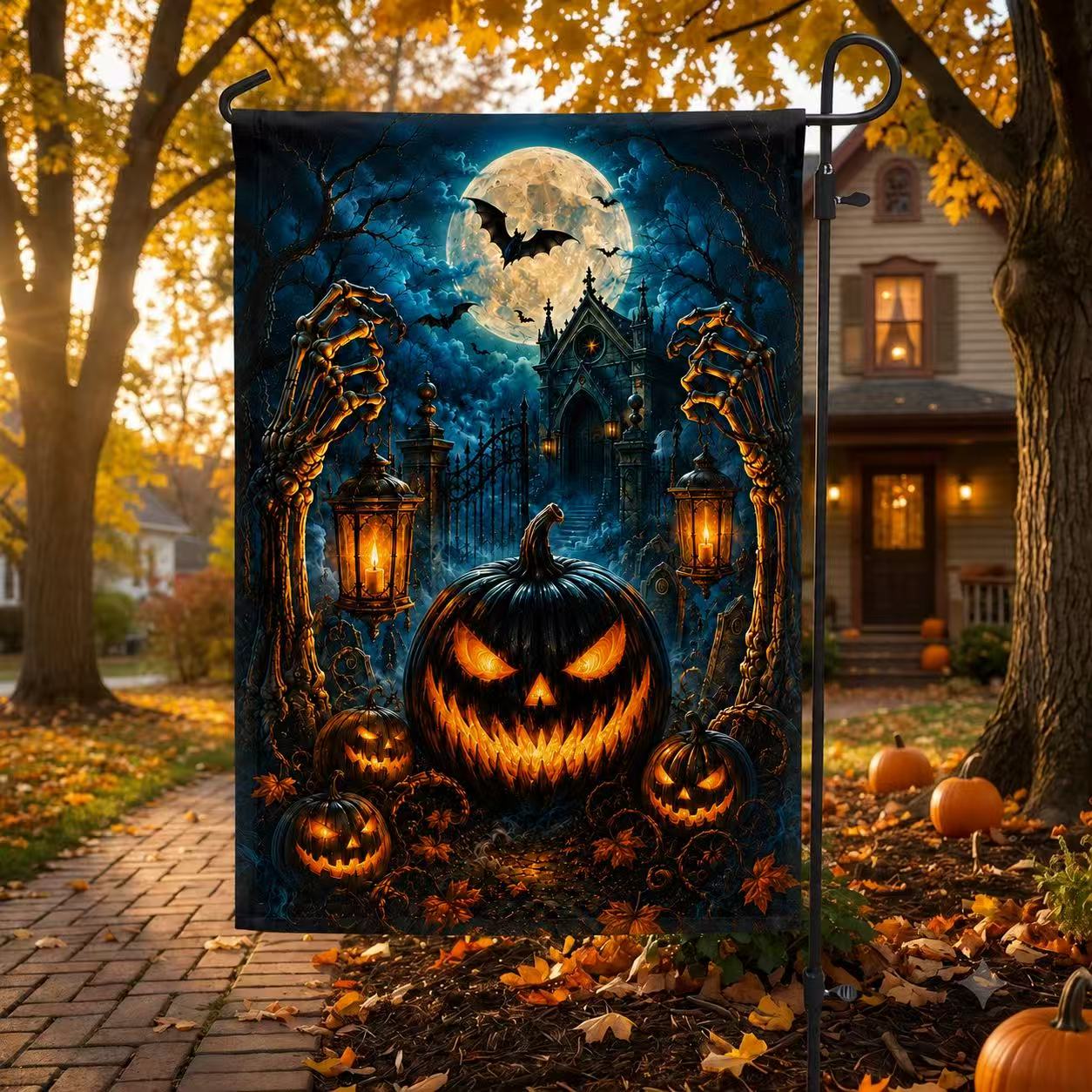 Halloween Skeleton Hands Jack-o’-Lantern Haunted House Garden Flag