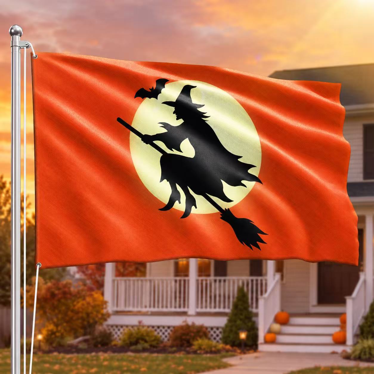 Halloween Witch Flag, Spooky Full Moon Flying Witch Grommet Flag