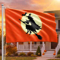 Halloween Witch Flag, Spooky Full Moon Flying Witch Grommet Flag