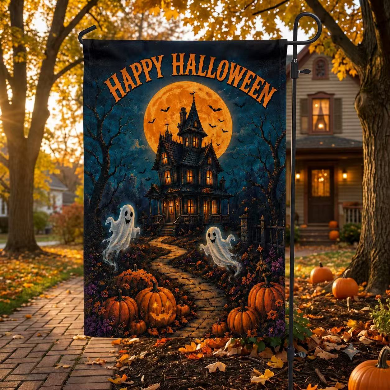 Happy Halloween Ghosts Haunted House Pumpkin Full Moon Garden Flag