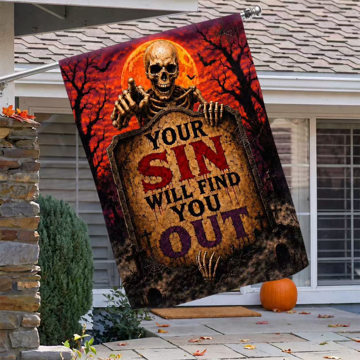 Your Sin Will Find You Out Spooky Skeleton Halloween Garden Flag