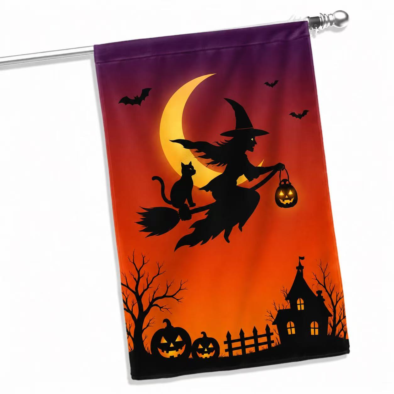 Halloween Witch and Black Cat Moonlight Garden Flag