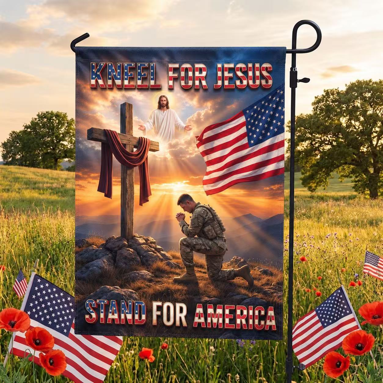 Veterans Day Flag, Kneel for Jesus Stand for America Veteran Fla