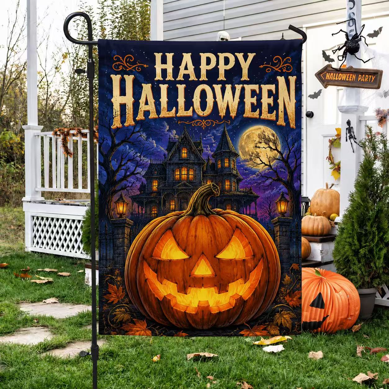 Happy Halloween Haunted House Pumpkin Garden Flag