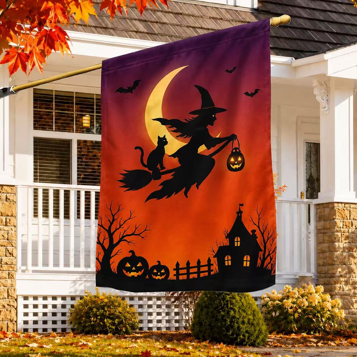 Halloween Witch and Black Cat Moonlight Garden Flag