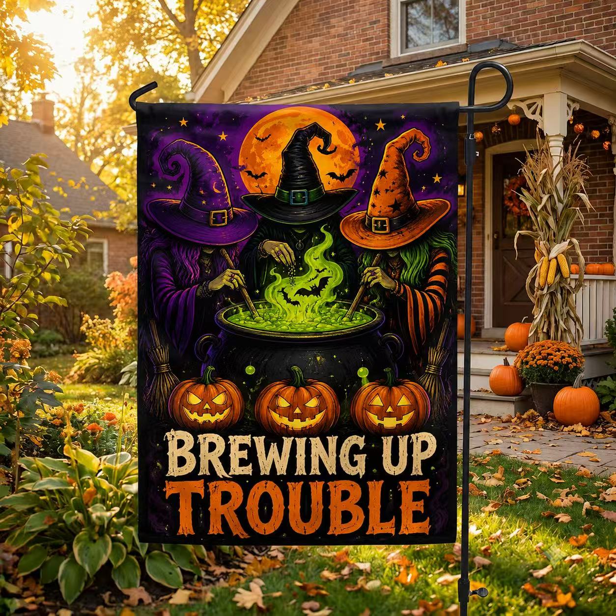 Brewing Up Trouble Witch Halloween Garden Flag