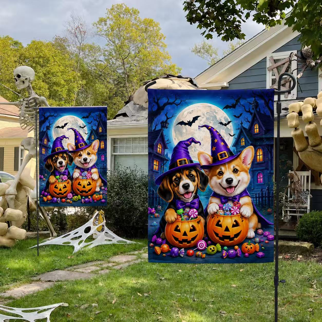 Halloween Cute Witch Dogs Pumpkin Candy Full Moon Garden Flag