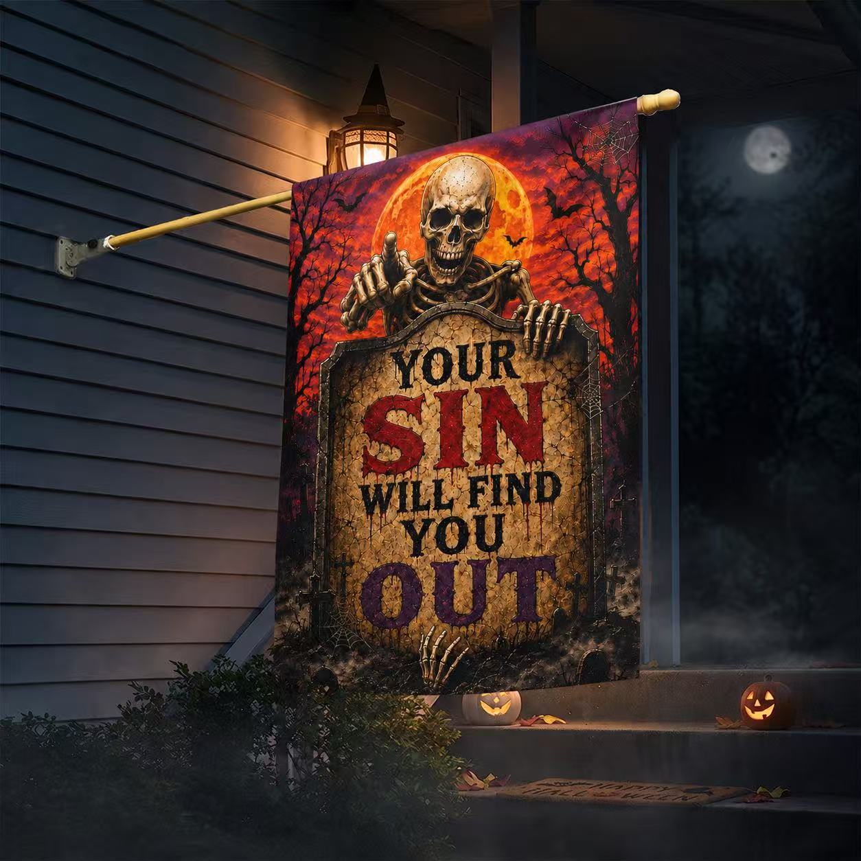 Your Sin Will Find You Out Spooky Skeleton Halloween Garden Flag