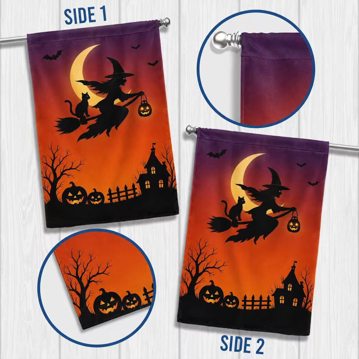 Halloween Witch and Black Cat Moonlight Garden Flag