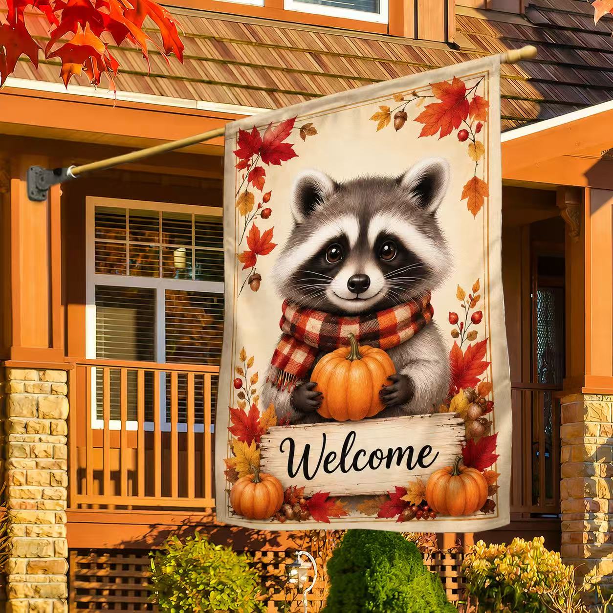 Welcome Fall Cute Raccoon Pumpkin Autumn Garden Flag