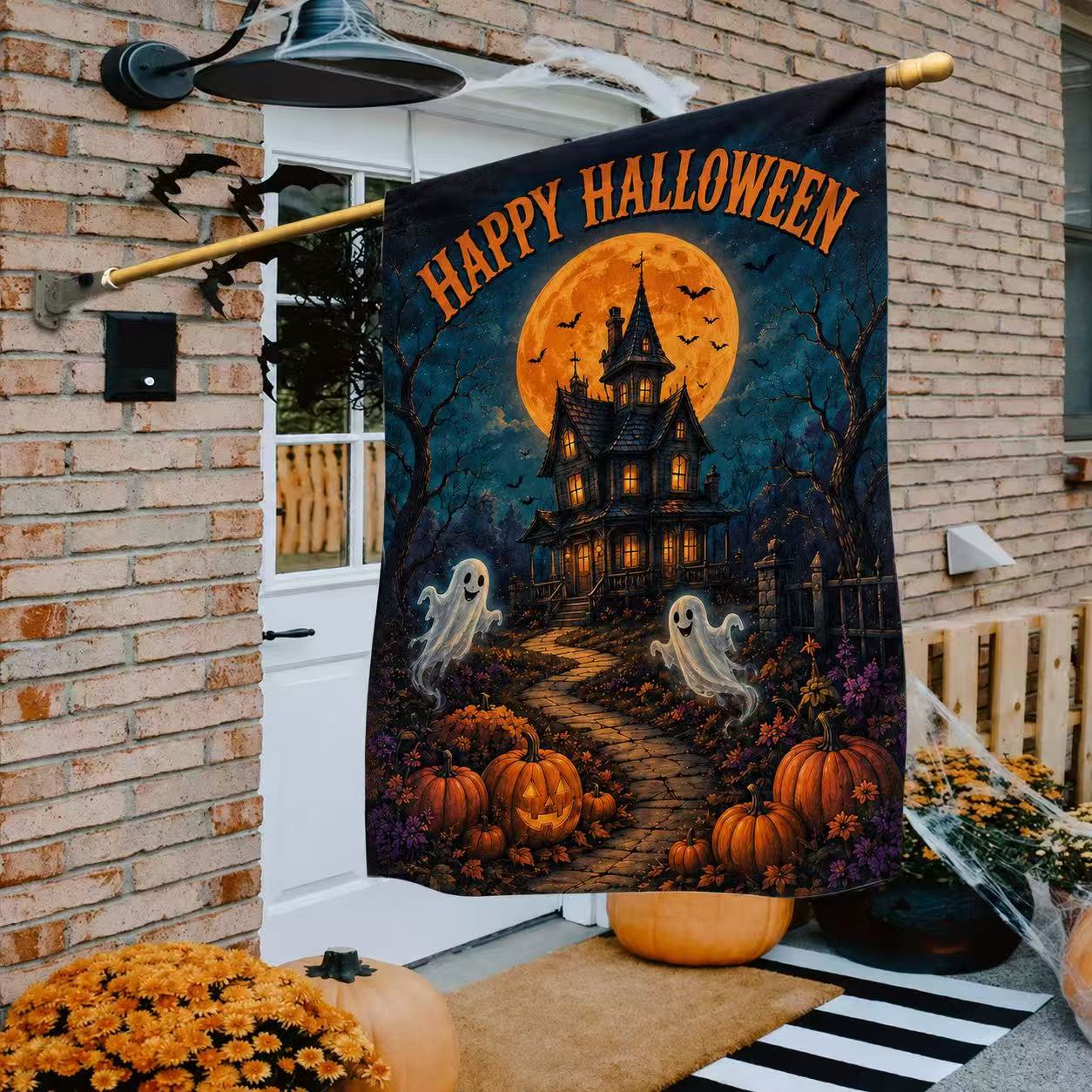 Happy Halloween Ghosts Haunted House Pumpkin Full Moon Garden Flag