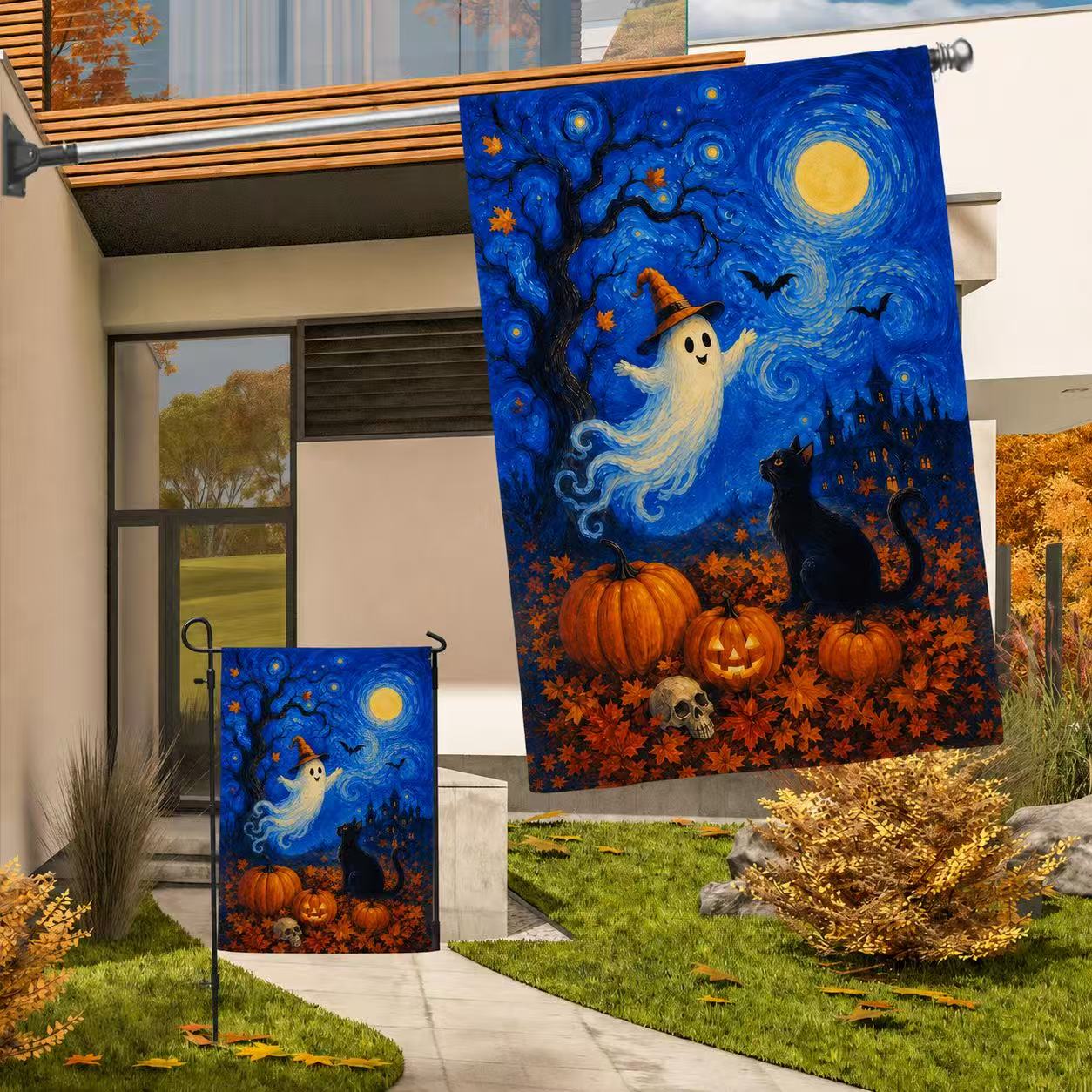Halloween Starry Night Ghost Black Cat Pumpkin Garden Flag