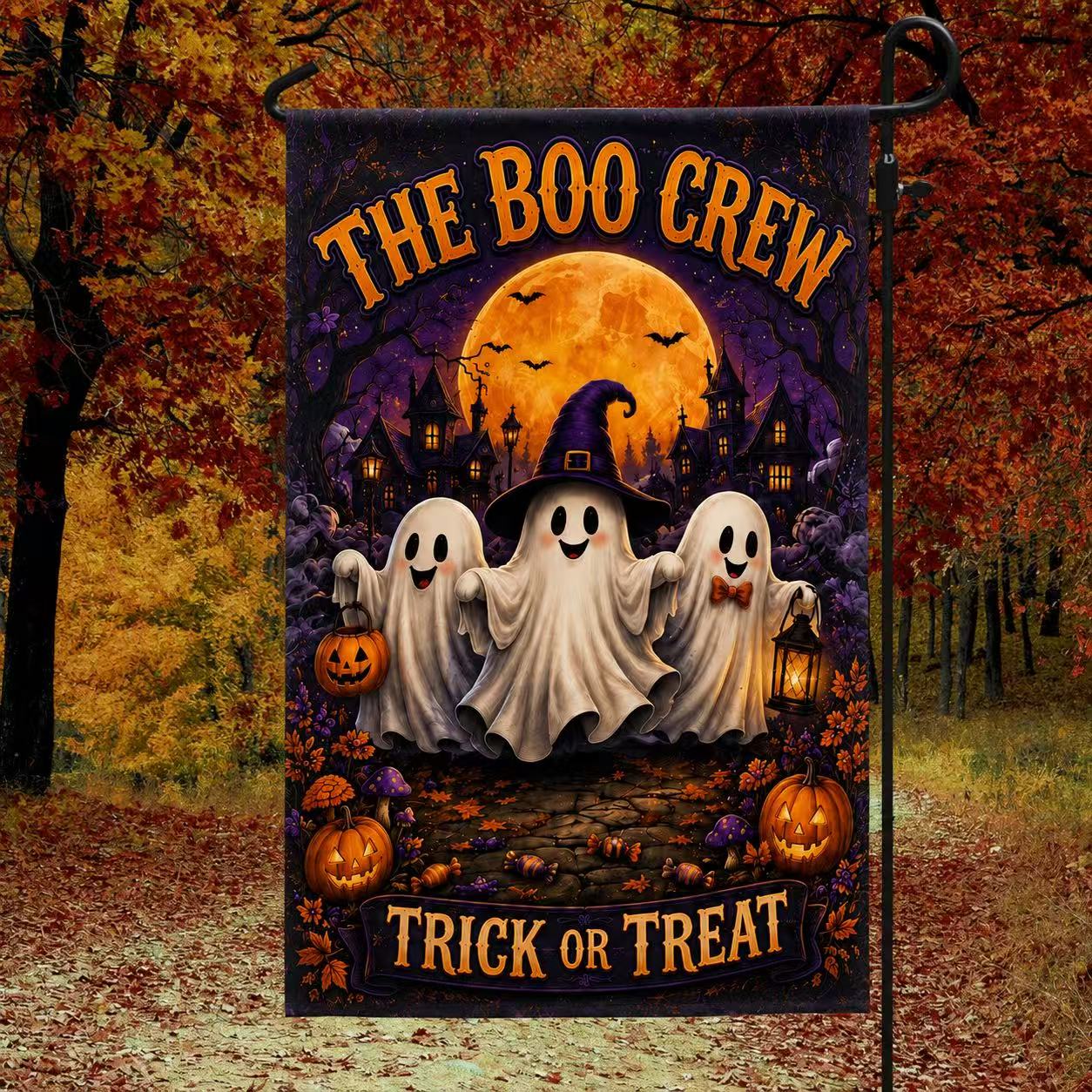The Boo Crew Cute Ghosts Trick or Treat Halloween Garden Flag