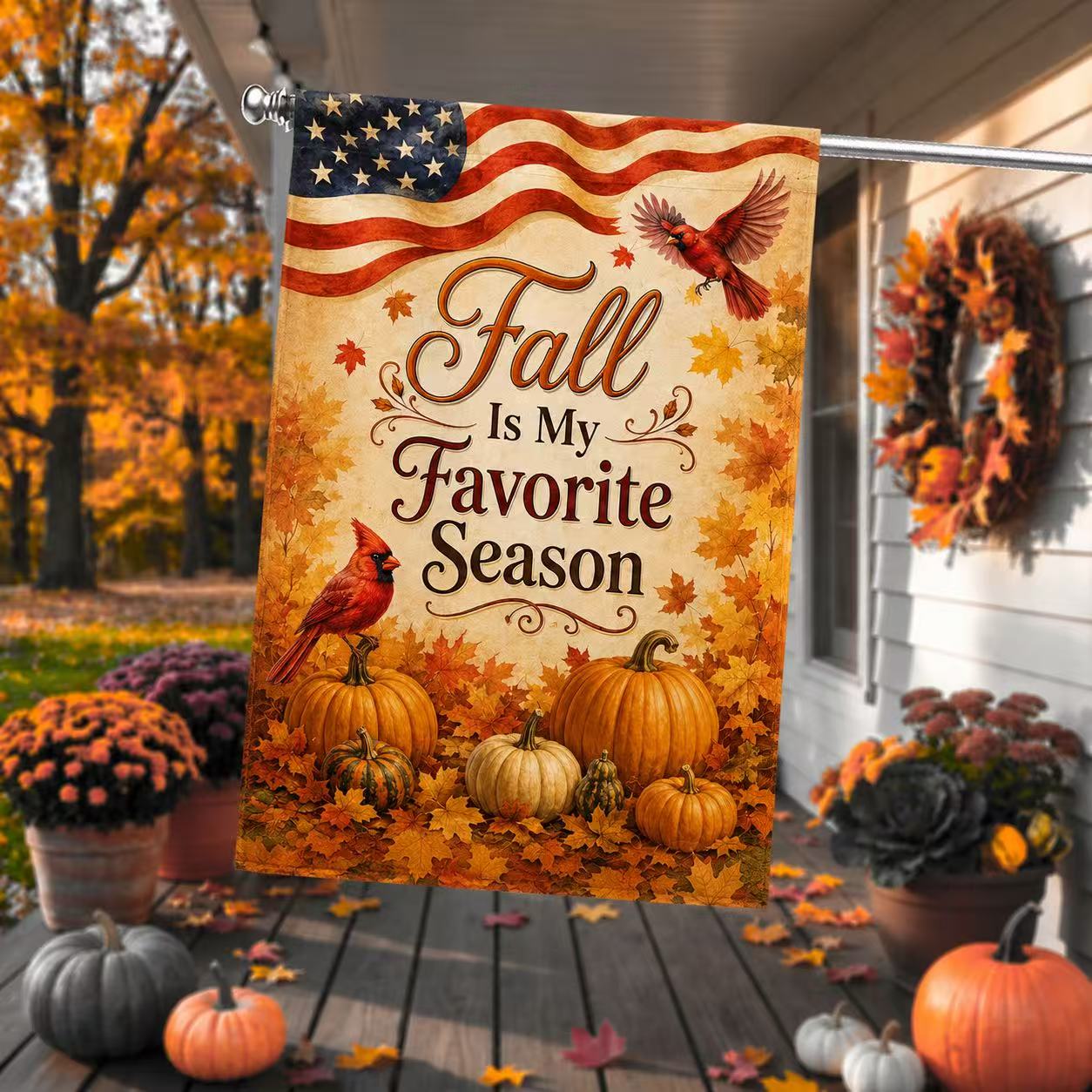 Fall Flag, Fall Is My Favorite Season Cardinals American US Flag