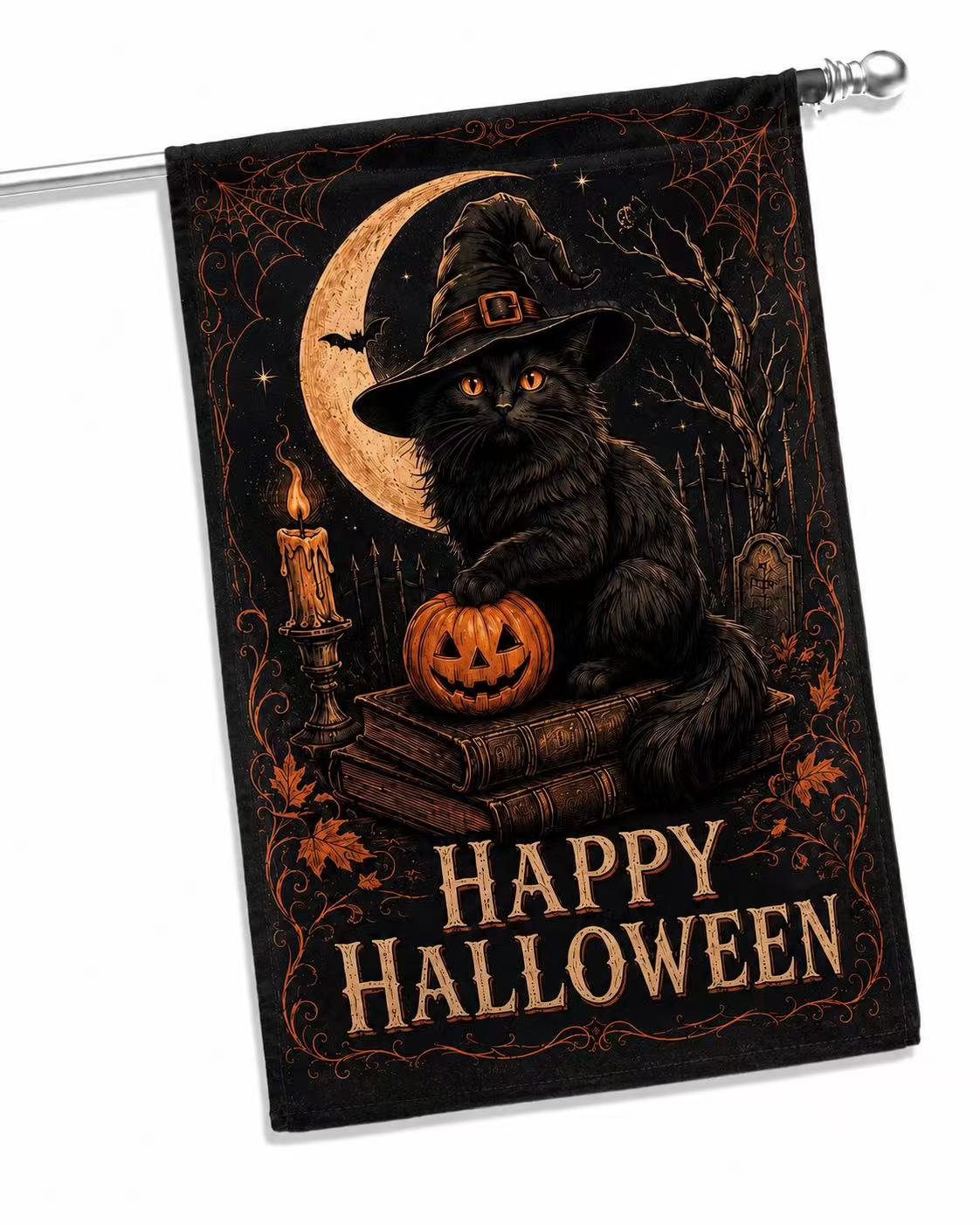 Happy Halloween Black Cat Witch Moonlight House Flag