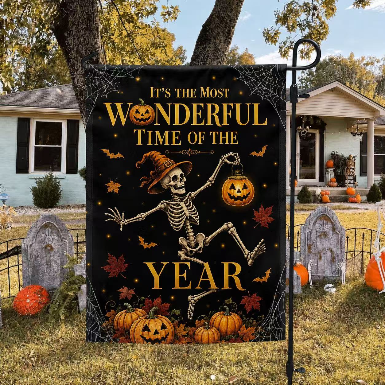 It’s the Most Wonderful Time of the Year Skeleton Halloween Garden Flag