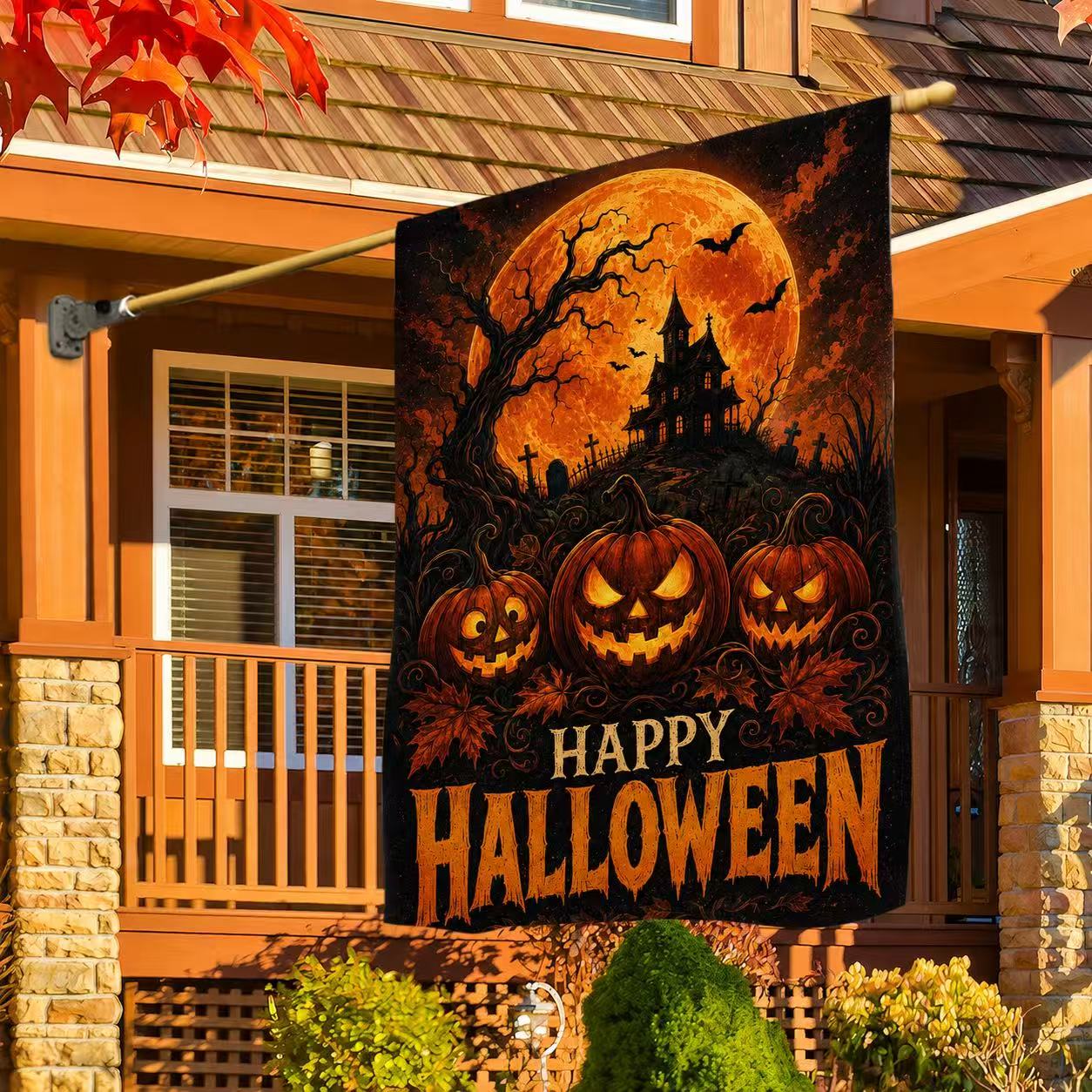 Happy Halloween Jack-o’-Lantern Haunted House Full Moon Garden Flag