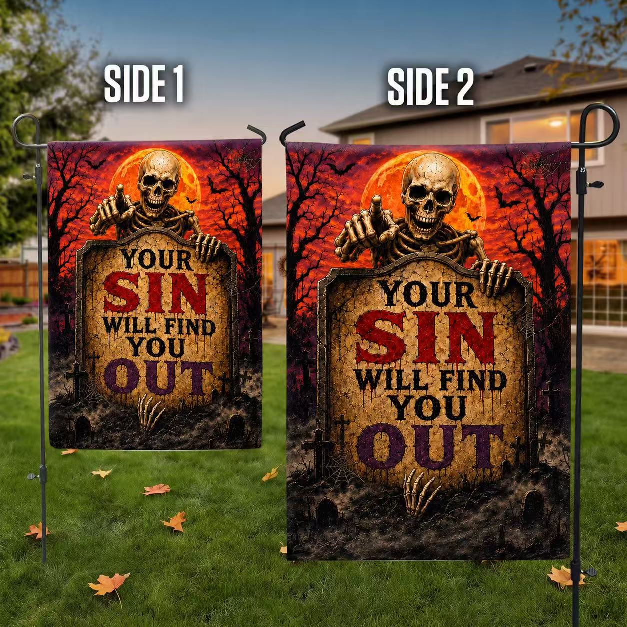 Your Sin Will Find You Out Spooky Skeleton Halloween Garden Flag