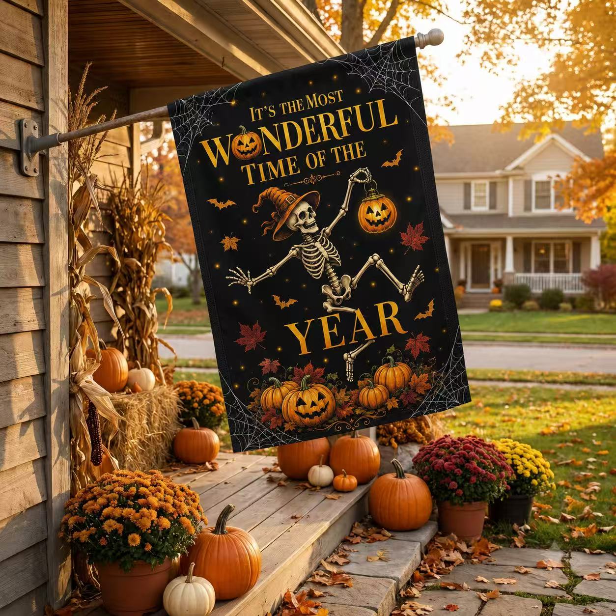 It’s the Most Wonderful Time of the Year Skeleton Halloween Garden Flag