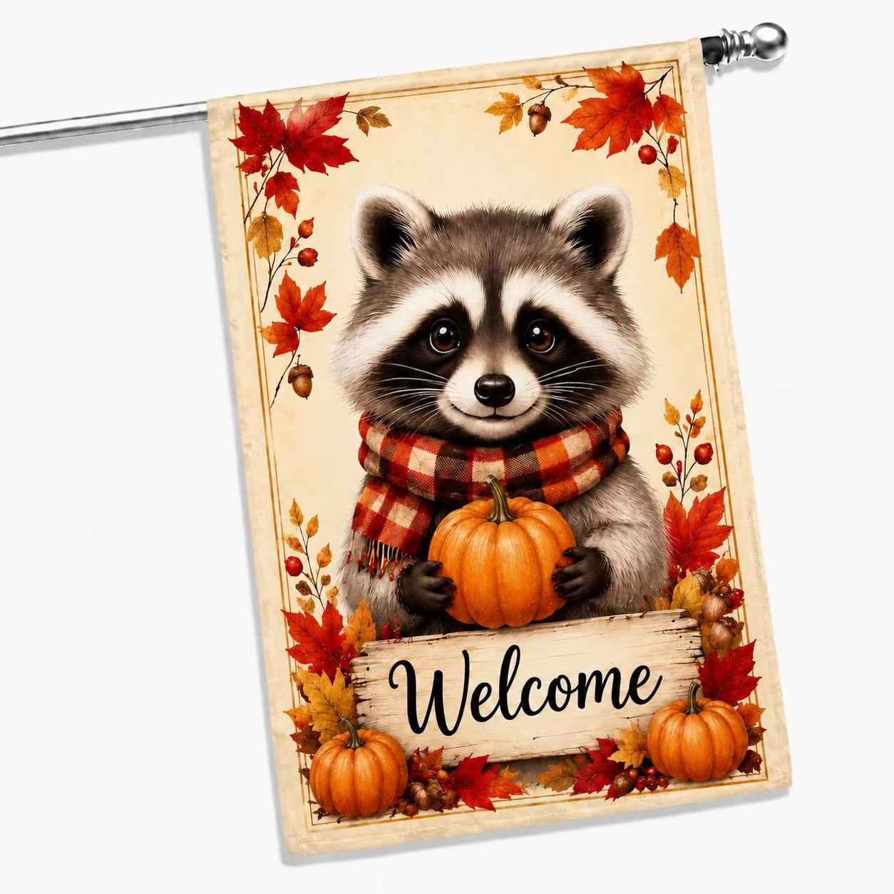 Welcome Fall Cute Raccoon Pumpkin Autumn Garden Flag