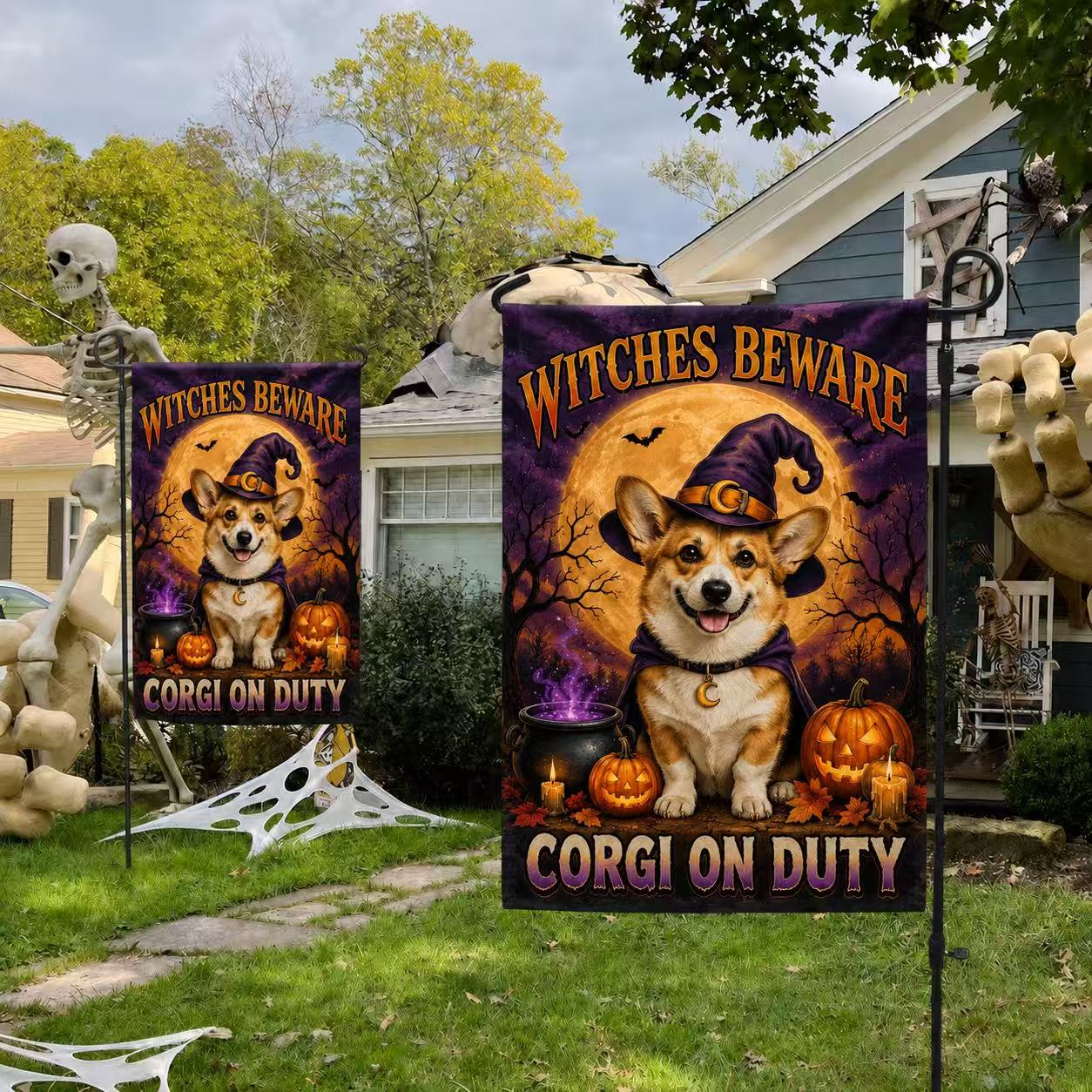 Witches Beware Corgi on Duty Halloween Garden Flag