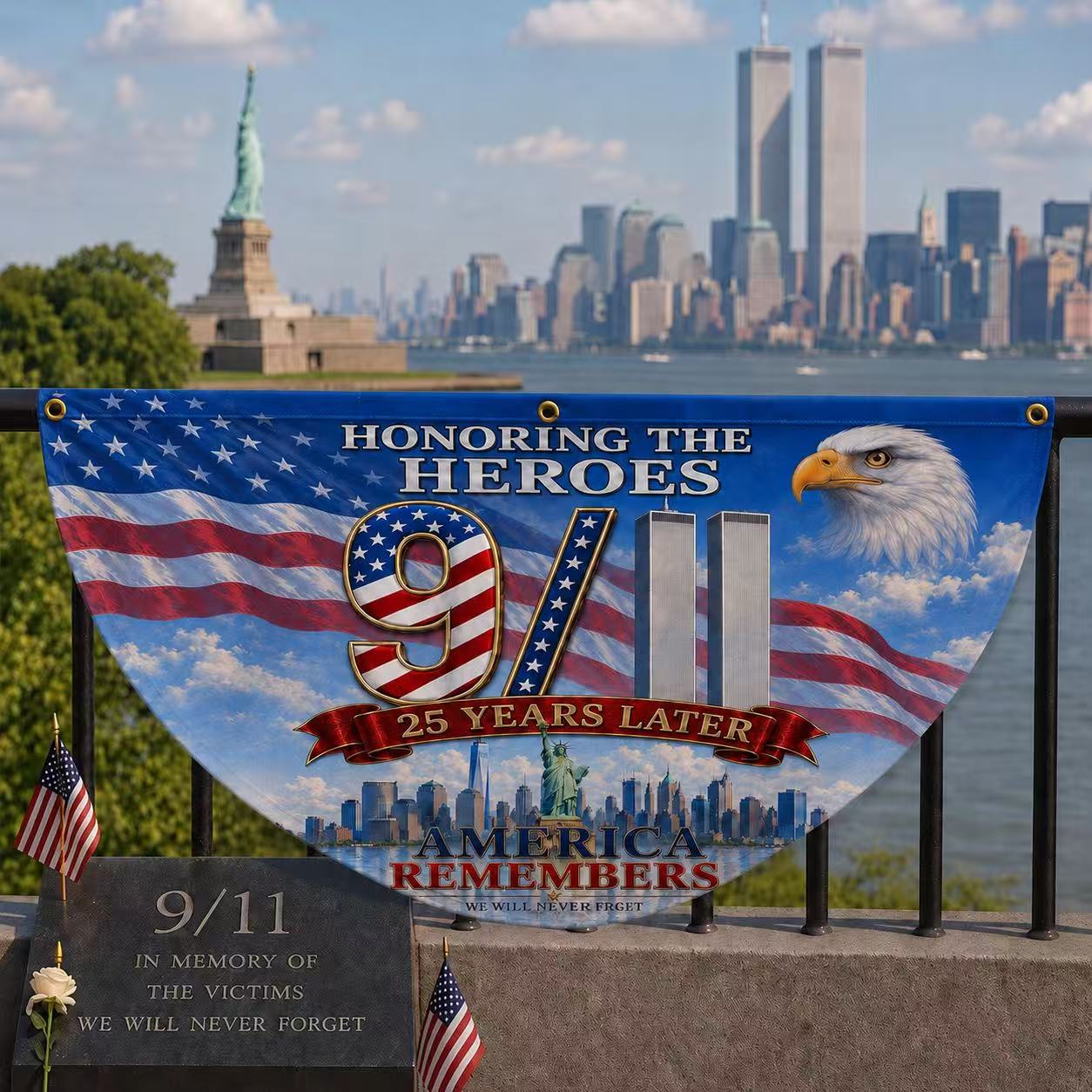 9/11 Honoring the Heroes 25 Years Later Memorial Half Circle Fan Flag
