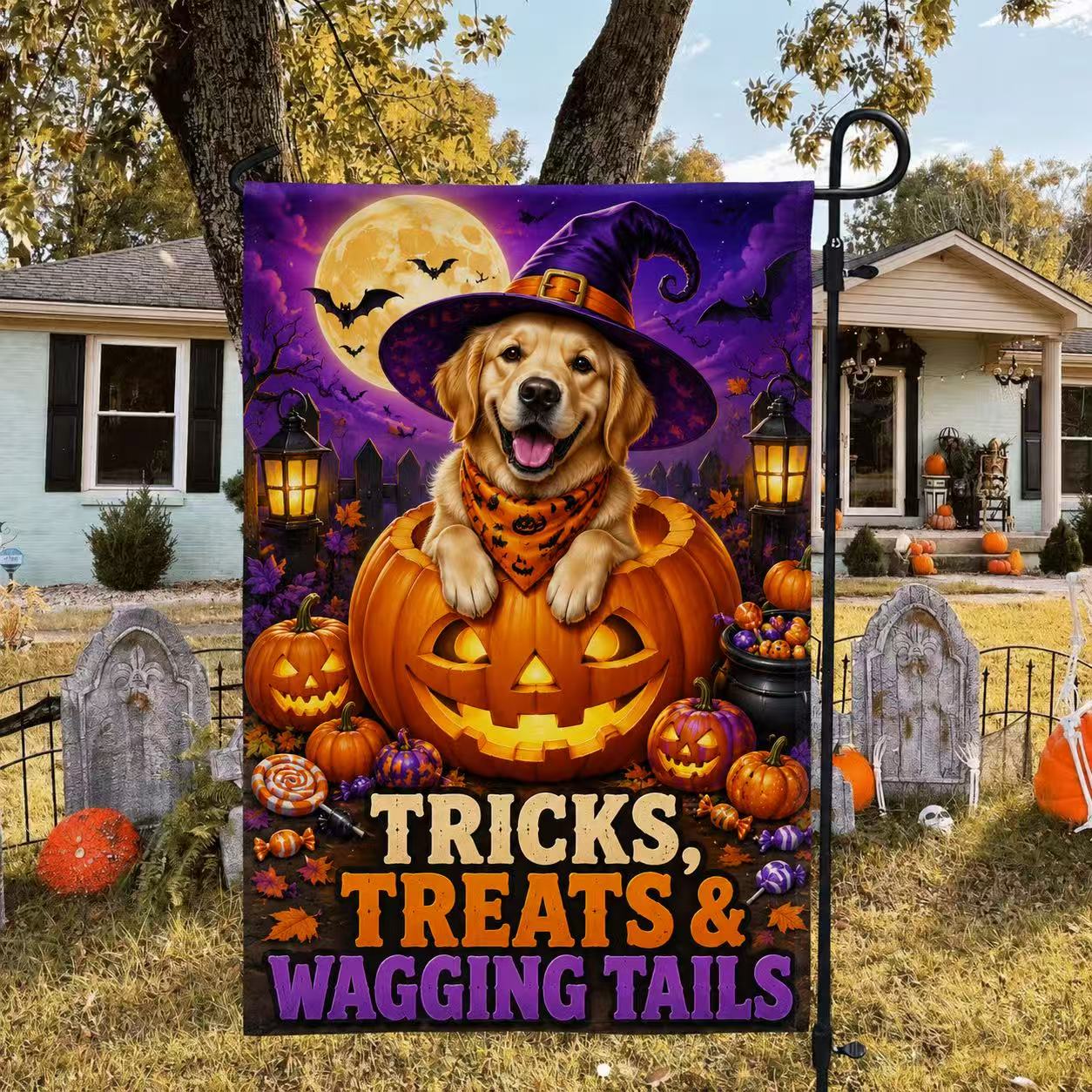 Golden Retriever Pumpkin Halloween Garden Flag