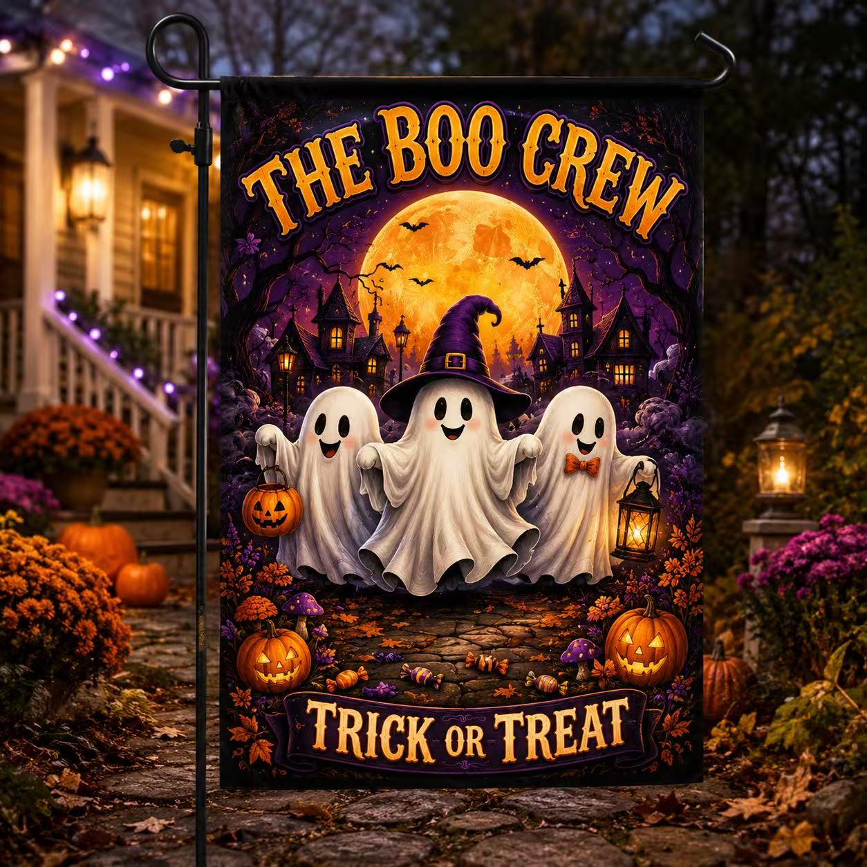 The Boo Crew Cute Ghosts Trick or Treat Halloween Garden Flag