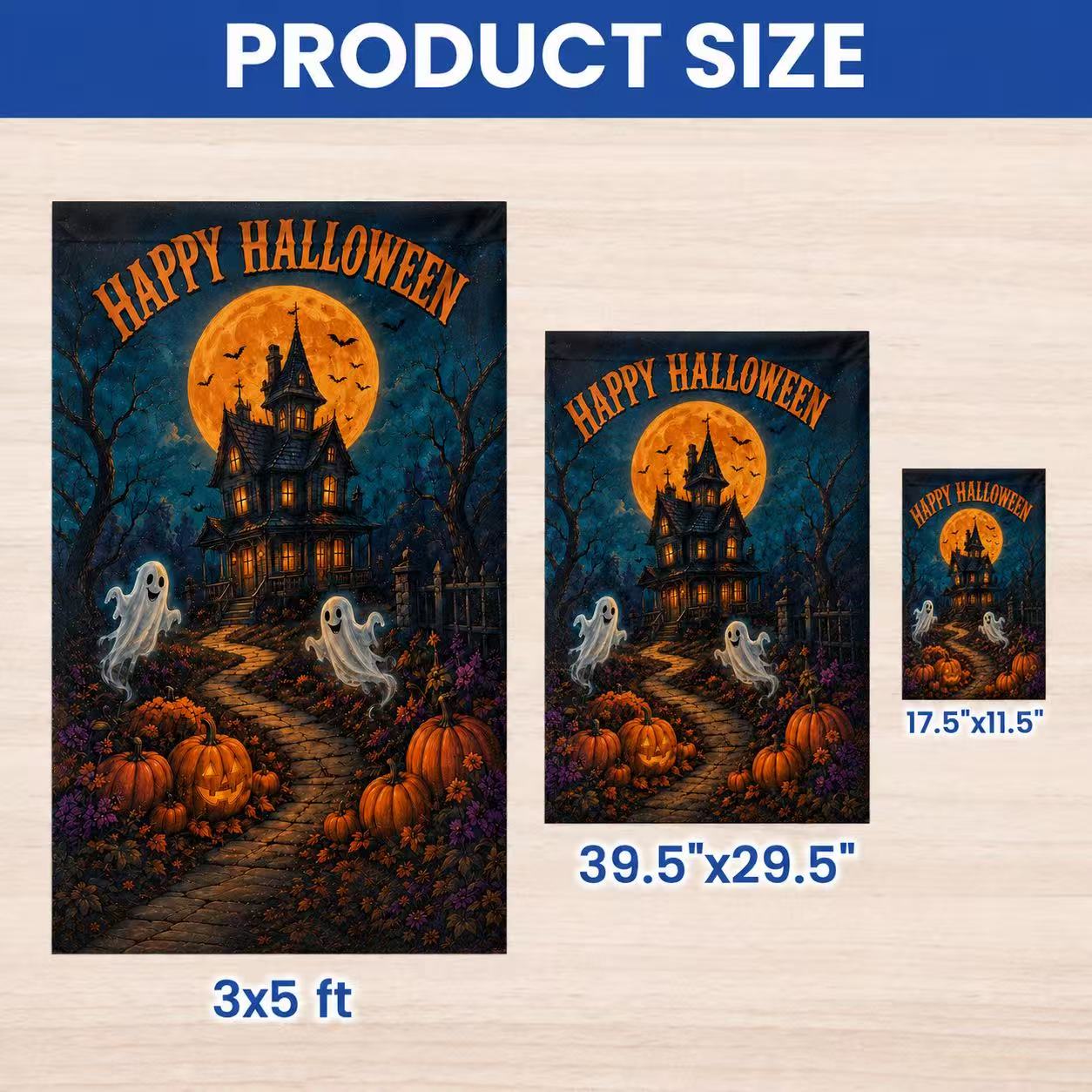 Happy Halloween Ghosts Haunted House Pumpkin Full Moon Garden Flag