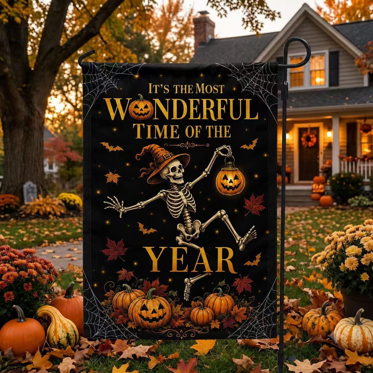 It’s the Most Wonderful Time of the Year Skeleton Halloween Garden Flag