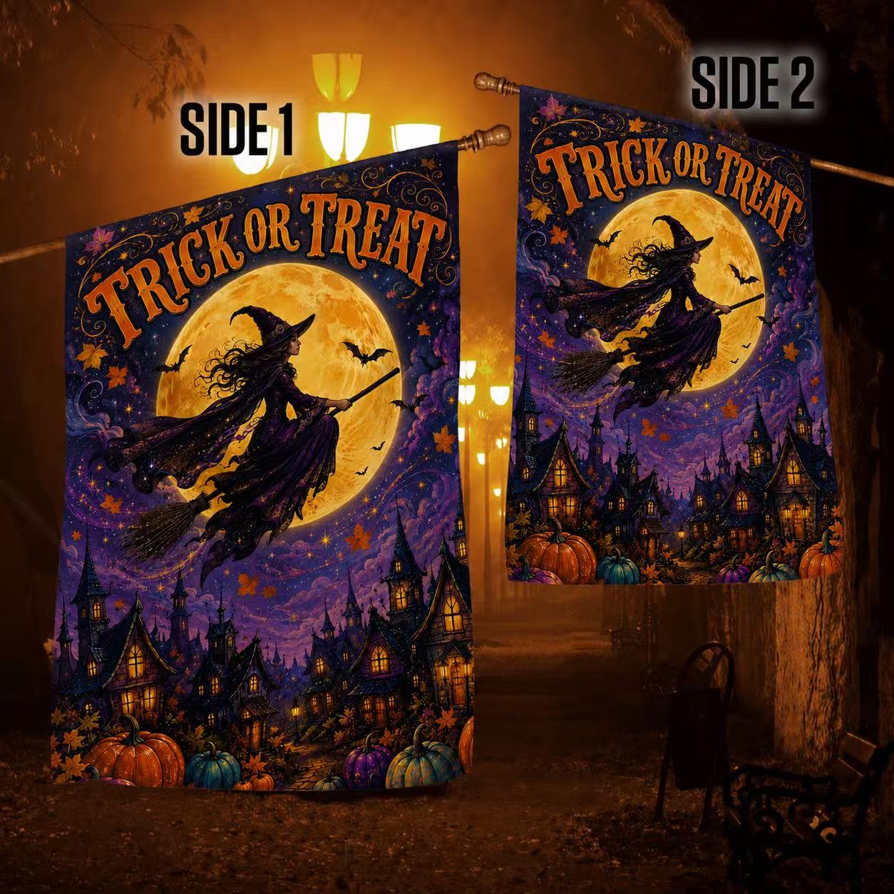 Halloween Trick or Treat Flying Witch Full Moon Garden Flag