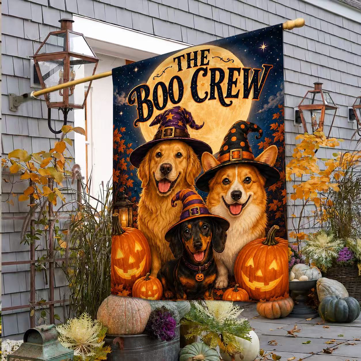 Halloween Boo Crew Witch Dogs Pumpkin Garden Flag