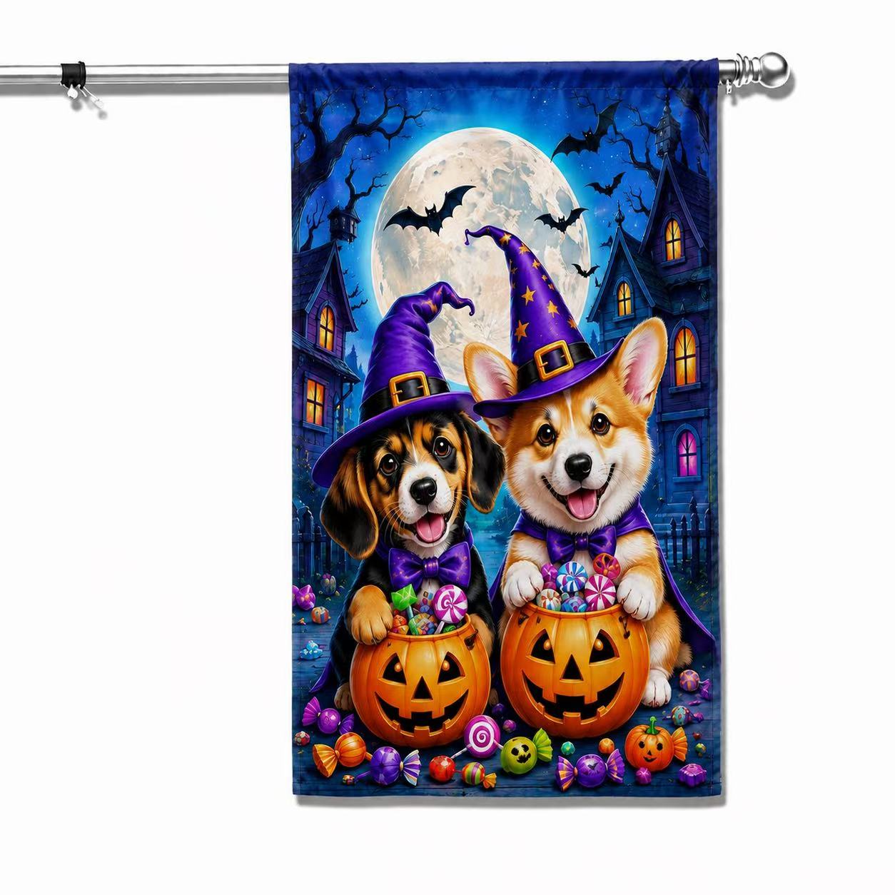 Halloween Cute Witch Dogs Pumpkin Candy Full Moon Garden Flag