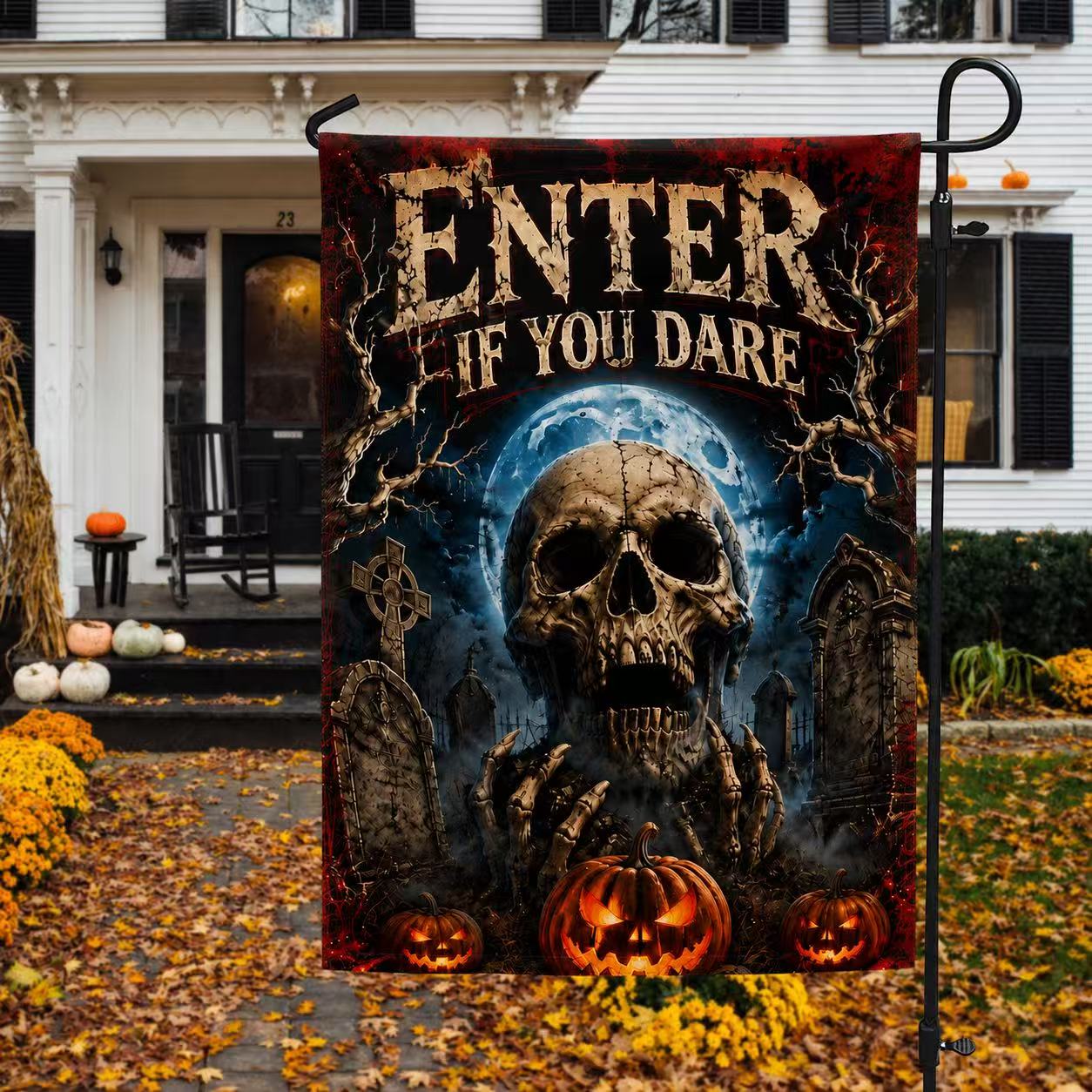 Halloween Enter If You Dare Skull Graveyard Pumpkin Garden Flag