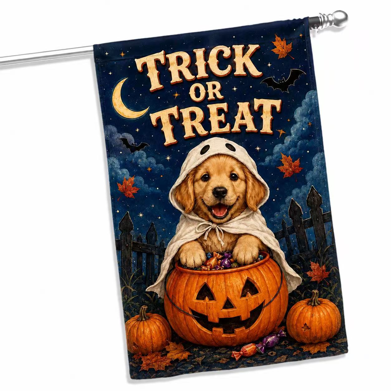 Cute Golden Retriever Trick or Treat Halloween Garden Flag