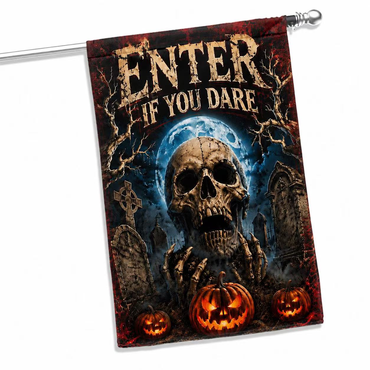 Halloween Enter If You Dare Skull Graveyard Pumpkin Garden Flag