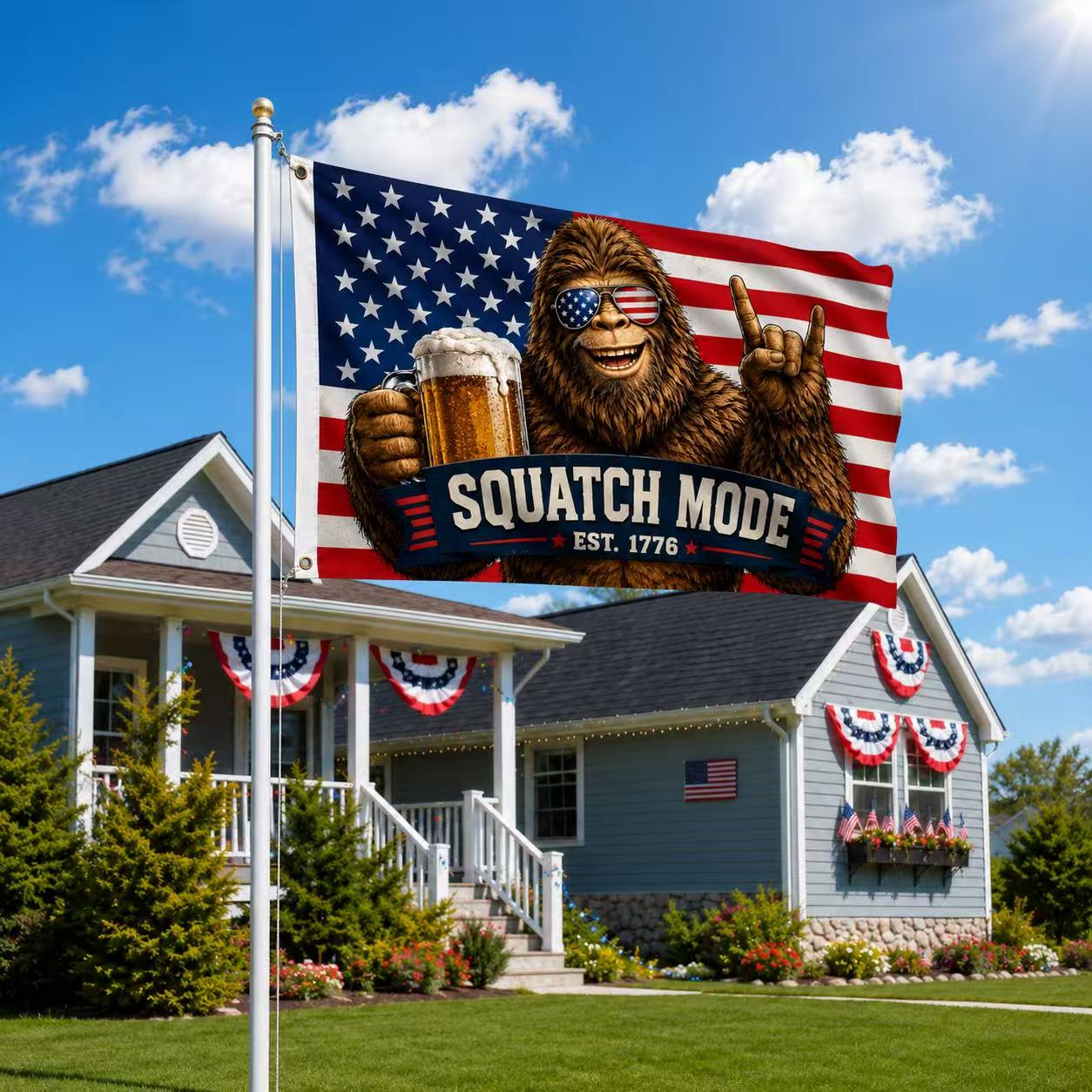 Patriotic Bigfoot “Squatch Mode” American Flag – Est. 1776