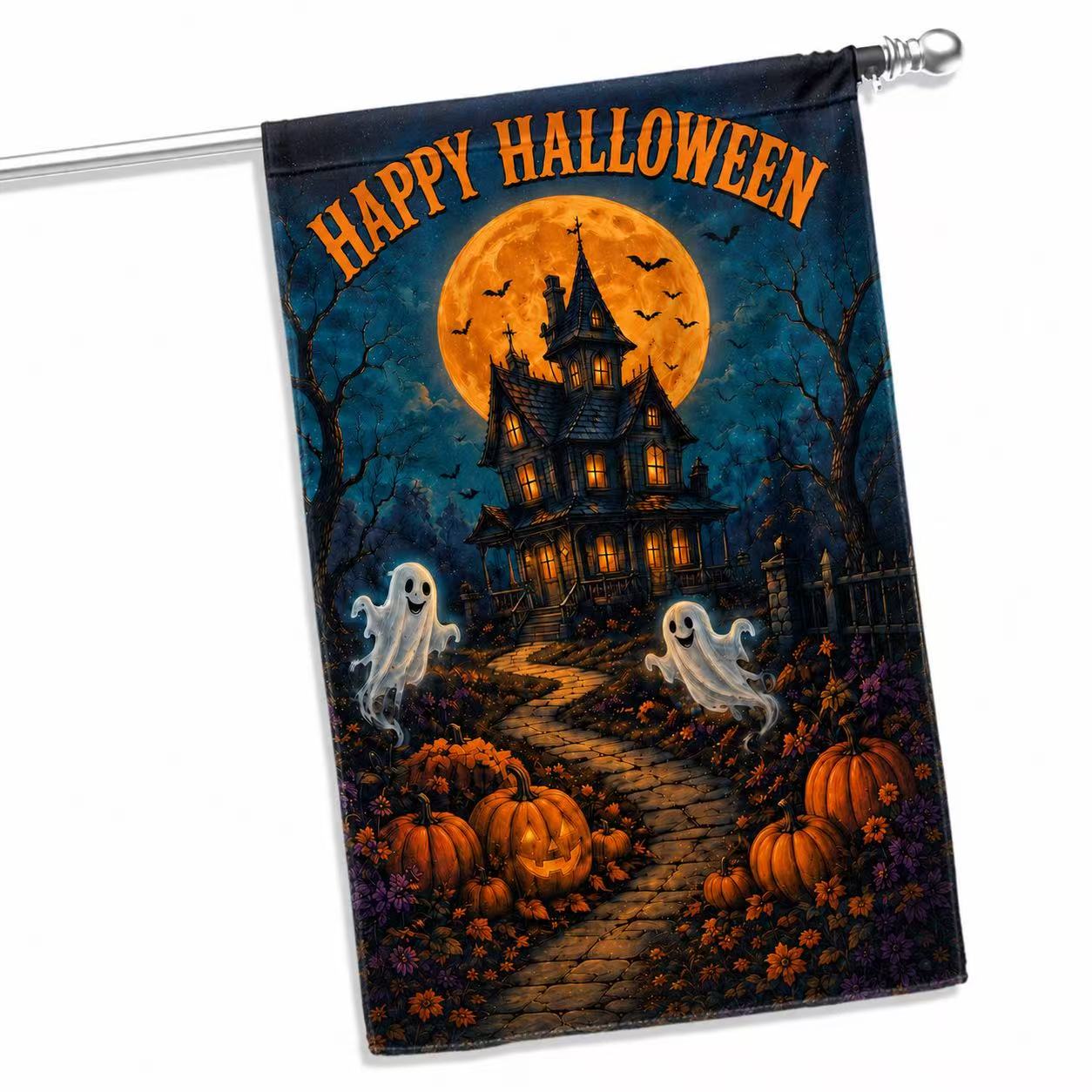 Happy Halloween Ghosts Haunted House Pumpkin Full Moon Garden Flag