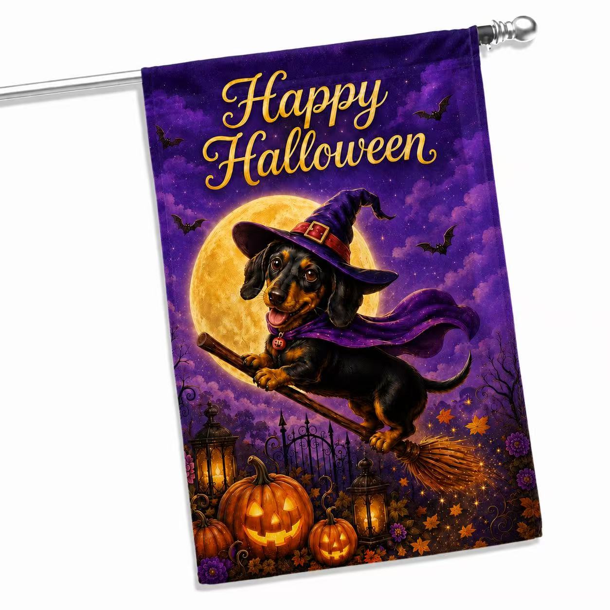 Happy Halloween Witch Dachshund Pumpkin Garden Flag