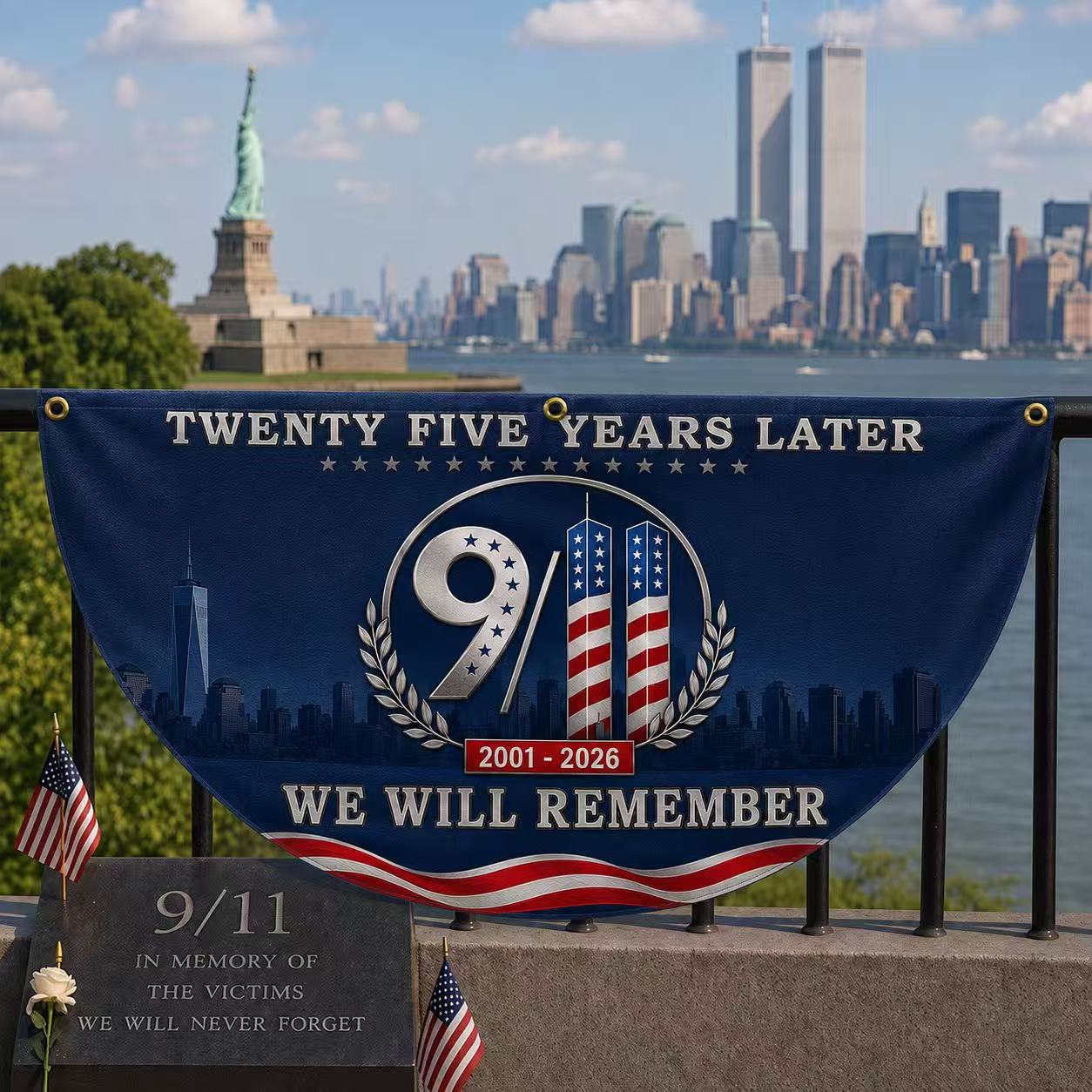9/11 25th Anniversary We Will Remember Memorial Half Circle Fan Flag