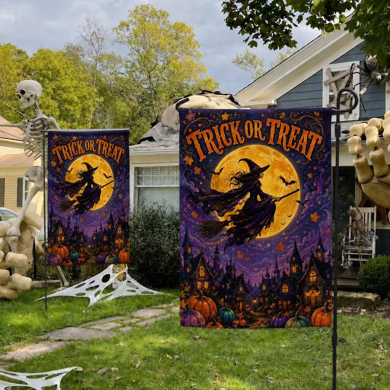 Halloween Trick or Treat Flying Witch Full Moon Garden Flag