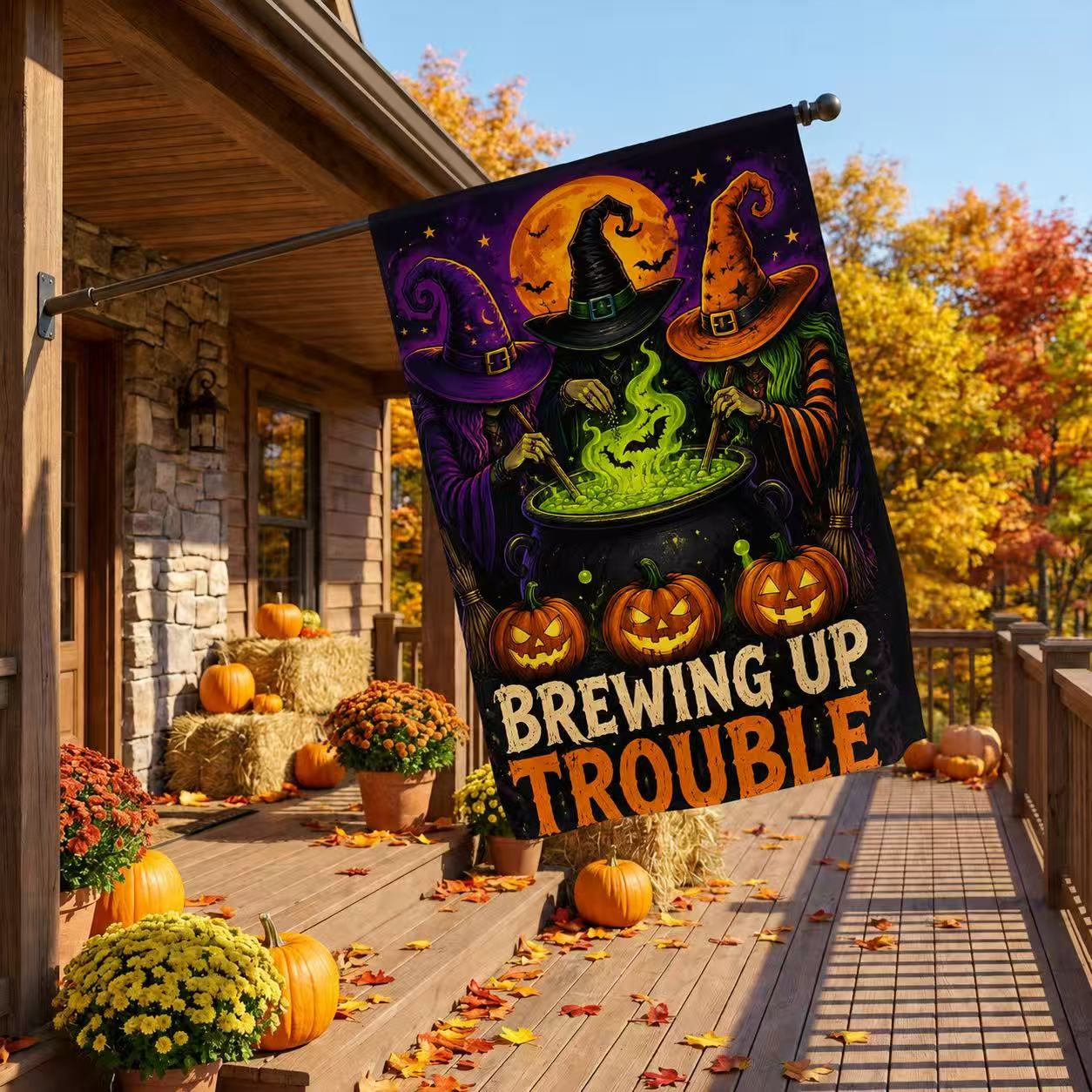 Brewing Up Trouble Witch Halloween Garden Flag