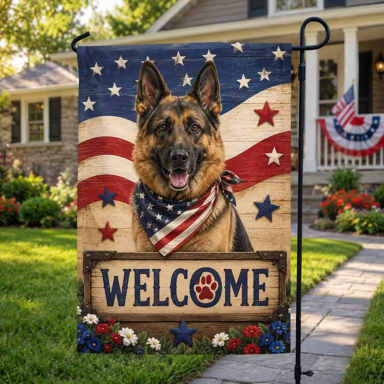 German Shepherd Patriotic Welcome Flag