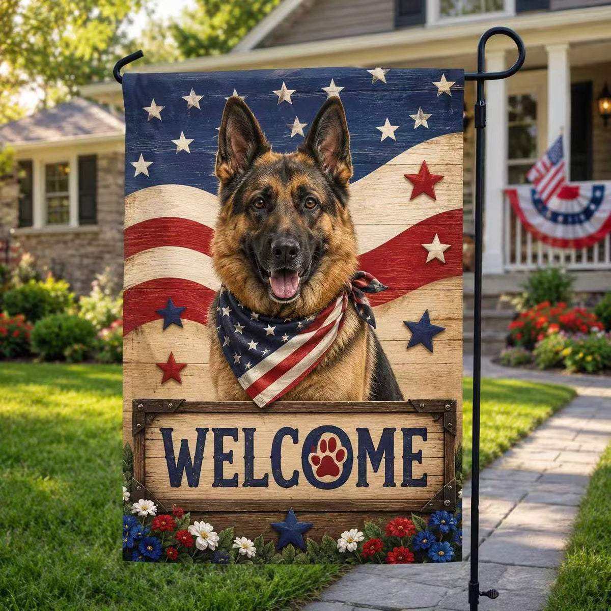 German Shepherd Patriotic Welcome Flag