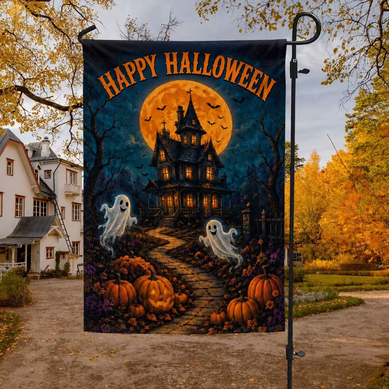 Happy Halloween Ghosts Haunted House Pumpkin Full Moon Garden Flag