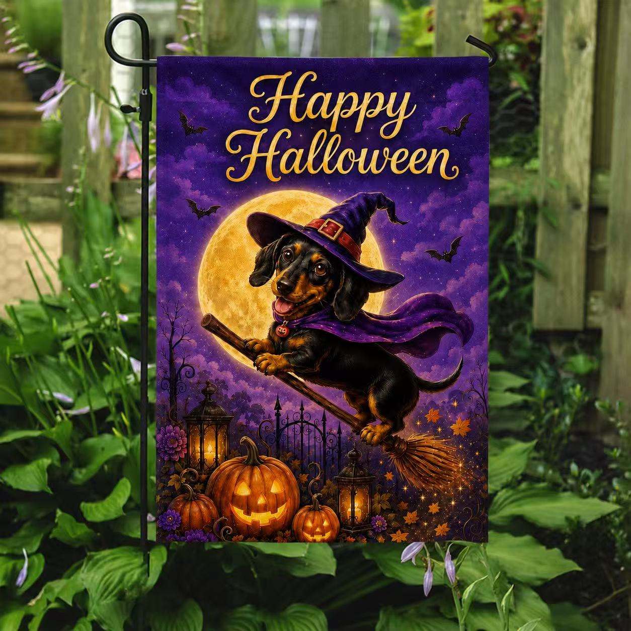 Happy Halloween Witch Dachshund Pumpkin Garden Flag