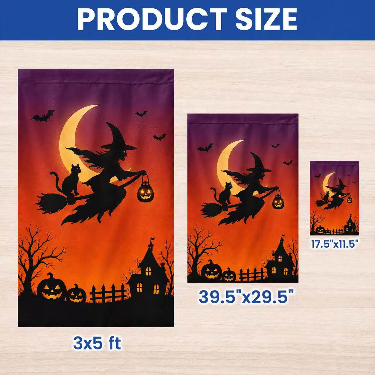 Halloween Witch and Black Cat Moonlight Garden Flag